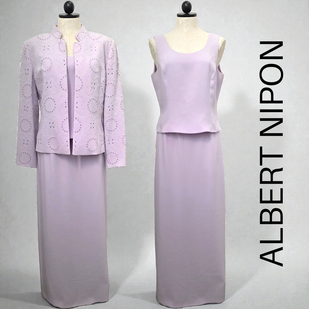 Albert Nipon Vintage Lilac 3-Piece Embellished Beaded Evening Skirt Suit Set M/L